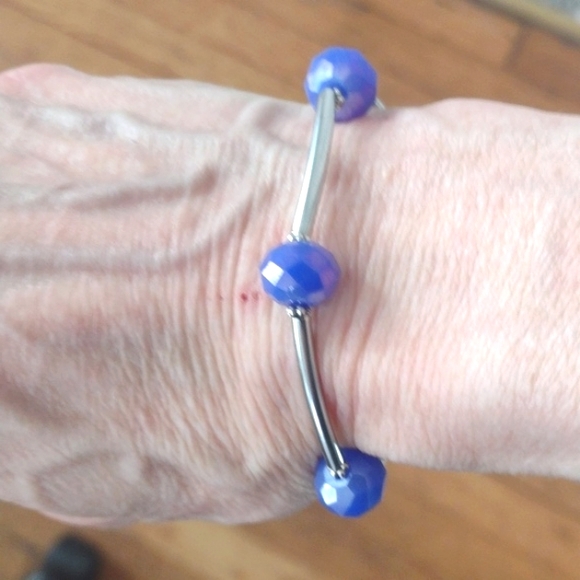 HANDMADE SILVER-PLATED OVER BRASS IRIDESCENT BLUE BRACELET/EARRING SET-NWOT - Picture 6 of 8